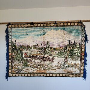 Vintage 34" X 16" Tapestry Made In Italy Dog Sled Winter Scene Rayon & Cotton